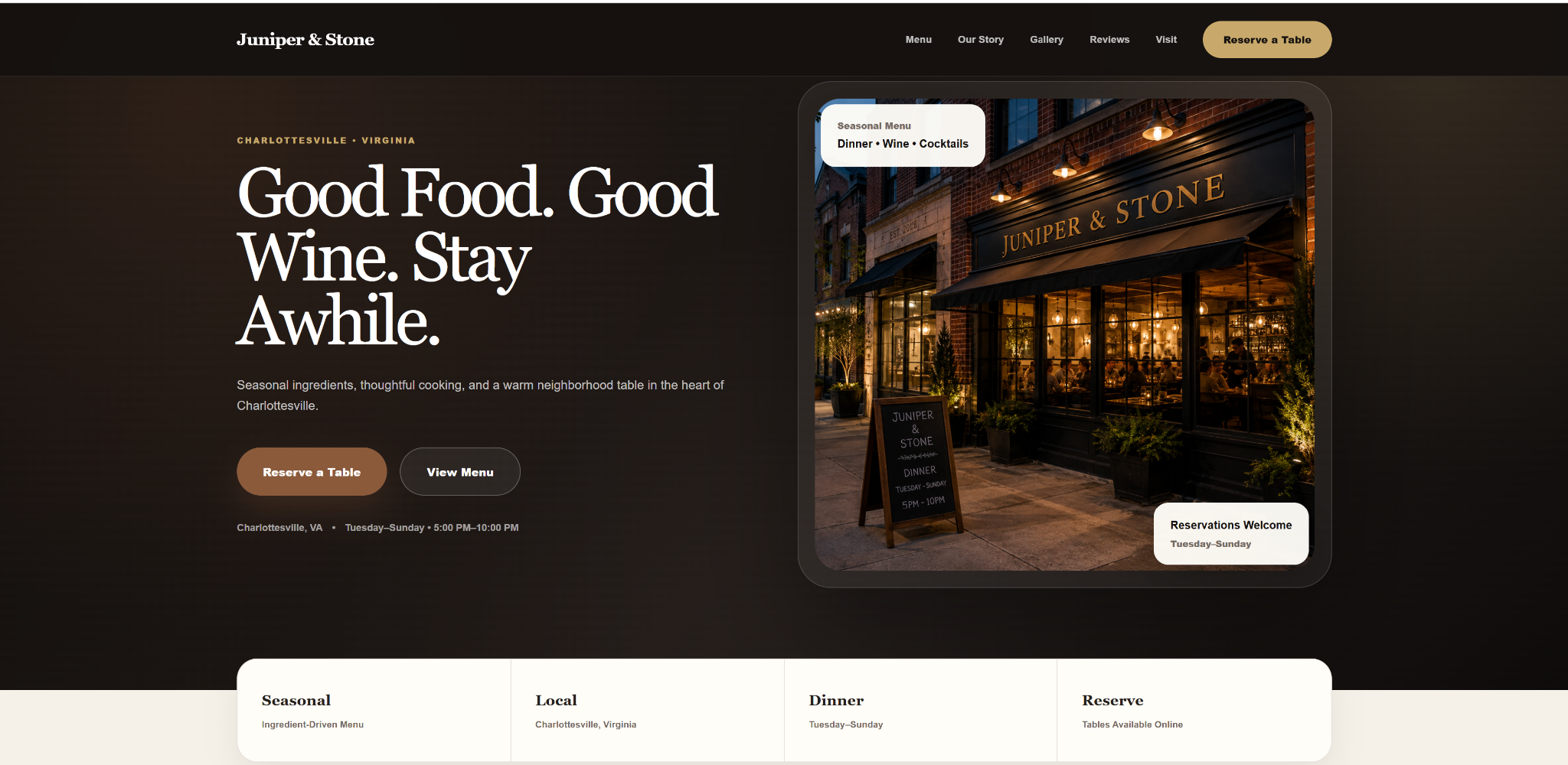 Juniper and Stone restaurant demo website screenshot
